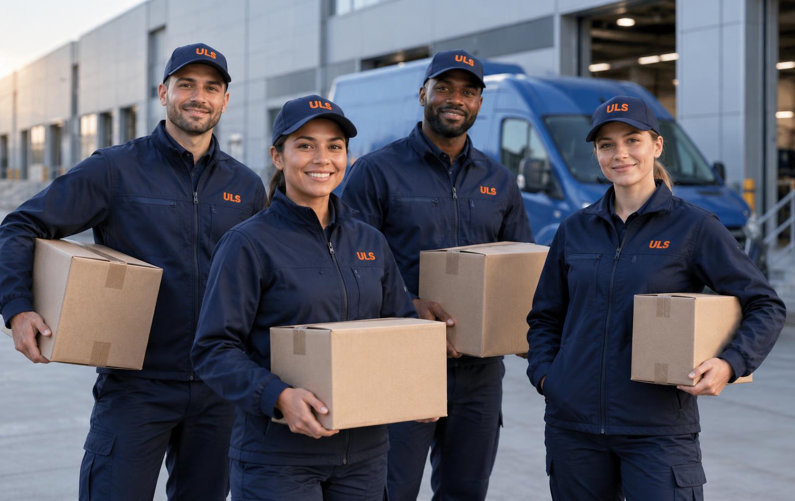 ULS delivery team holding parcels outside a distribution center